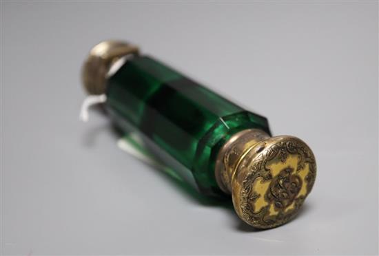 A Victorian gilt white metal mounted green glass double ended scent bottle, unmarked, 11.7cm,